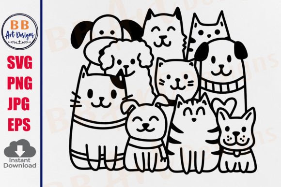 Dog Cat SVG,Funny Dogs Doodle Line Art